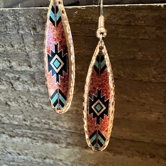 Boho Native American Navajo Red and Turquoise Copper Earrings, gift Box - Picture 6 of 8